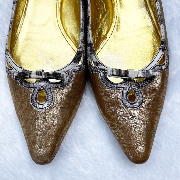 Miu Miu Gold Metallic Leather Pointed Toe Ballet Flats Snake Print Trim 38.5 - Picture 3 of 15